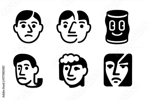 Facial Illusion Icons. Solid style icons of curious facial illusions: Uneven Symmetry, Accidental Nose, Light Switch Eyes, Dented