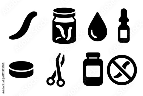 Vintage Leech Jar Icons. Solid style icons of Vintage Leech Jar: Leeches, Glass, Bloodletting, Medicine, Lid, Droplet, Forceps,