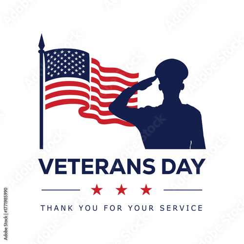 Veterans Day graphic featuring a soldier silhouette saluting over a US flag with a red banner text: VETERANS DAY. A patriotic vector design for honoring military service and American heroes.