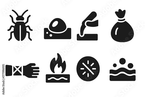 Vintage Blistering Icons. Solid style icons of vintage blistering practices: Blister Beetle, Raised Skin Blister, Application Tool