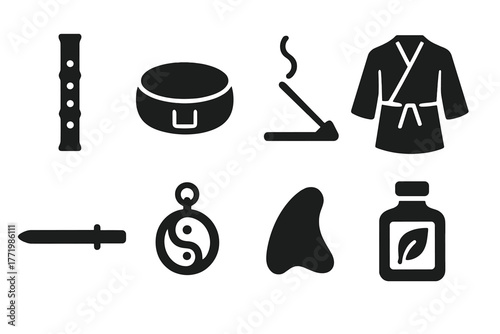 Qigong Tools Icons. Solid style icons of Qigong tools and accessories: Bamboo Flute, Meditation Cushion, Incense Stick, Practice