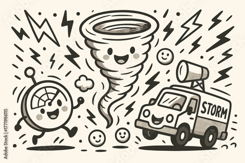 Storm Chasing Doodle. Joyful doodle vector artwork of a storm-chasing adventure scene with a smiling radar, truck, tornado, and