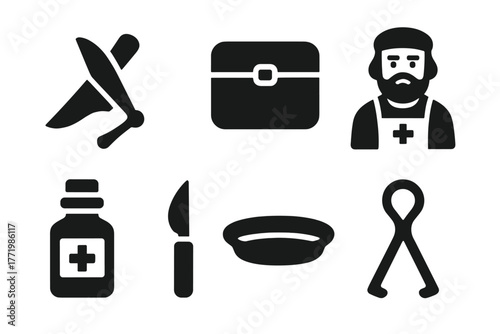 Antique Surgical Kit Icons. Solid style icons of Antique Surgical Kit: Vintage Fleam, Bloodletting Knife, Case, Barber Surgeon,