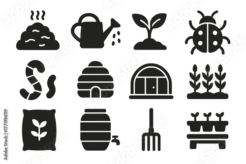 Organic Farming Icons. Solid style icons of organic farming: compost pile, water can, sprout, ladybug, worm, beehive, greenhouse,