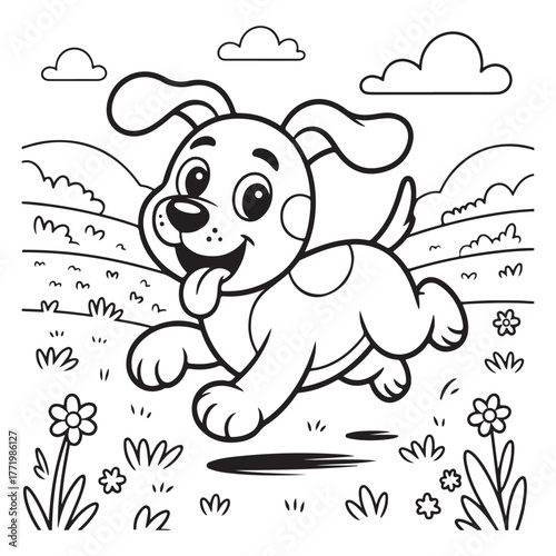 Cute Cartoon Puppy Running – Black and White Coloring Page Vector.