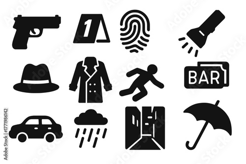 Crime Scene Icons. Solid style icons of Crime Scene: Pistol, Evidence Marker, Fingerprint, Flashlight, Hat, Trench Coat, Shadow,