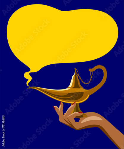 Woman's hand holding a gold Aladdin's Magic Lamp with a yellow cloud in the shape of a speech bubble coming out of it against the blue background. Vector 
minimalism cartoon style illustration