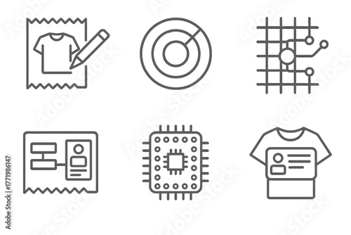 Textile Prototype Icons. Line style icons of Textile Prototypes and Concept Items: design sketch swatch, sensor test circle,