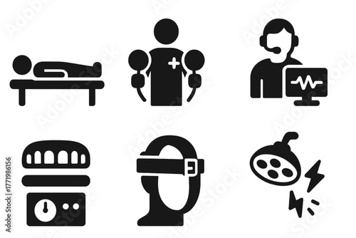 Electroconvulsive Therapy Icons. Solid style icons of electroconvulsive treatment session: Patient Lying Down, Doctor Holding Pads