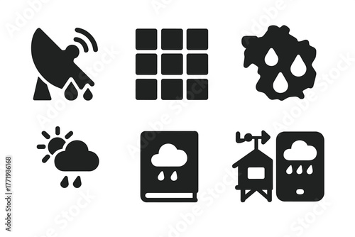 Climate Monitoring Icons. Solid style icons of climate monitoring: Rainfall Radar, Data Model Grid, Precipitation Map, Anomaly