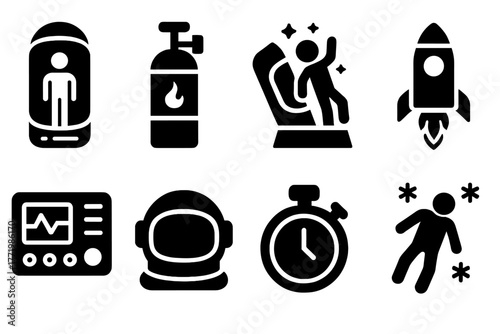 Sci-Fi Stasis Pod Icon. Solid style icons of Sci-Fi Stasis Pod: Pod, Cryo-Gas, Future Awakening, Space Travel, Control Panel,