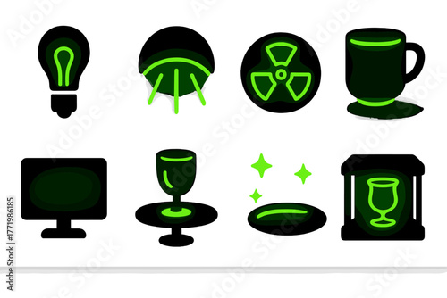 Uranium Glass Glowing. Solid style icons of uranium glass under UV light: Blacklight Bulb, Ultraviolet Rays, Radiant Green Outline