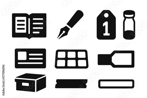 Collection Tools Icons. Solid style icons of collection and classification: Inventory Ledger, Ink Pen, Numbered Label, Specimen