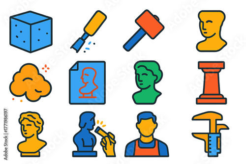Sculpture Process Icons. Flat vector icons of Sculpture Process: marble block, chisel, hammer, rasp, dust, sketch, mold, pedestal,