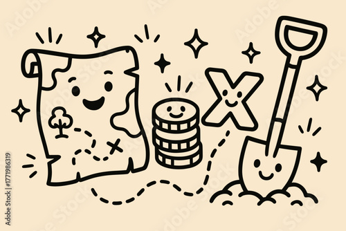 Joyful Treasure Hunt. Joyful doodle vector artwork of a treasure hunt scene with a map, shovel, gold coins, and “X marks the spot”