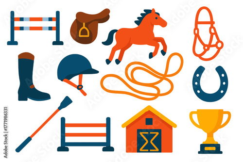Equestrian Icon Set. Flat vector icons of Show Jumping: jump, saddle, horse, bridle, riding boot, helmet, reins, horseshoe, whip,