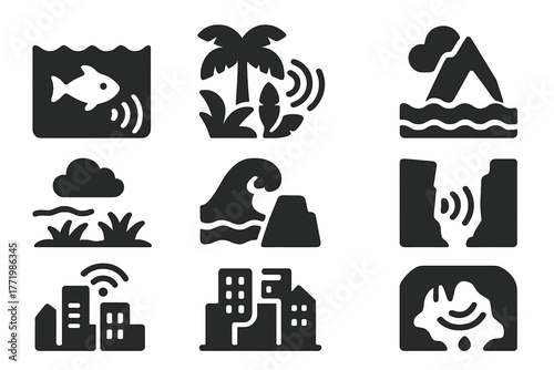 Sonic Habitat Icons. Solid style icons of sonic habitats: Underwater Sound Field, Rainforest Chorus, Arctic Silence Layer, Prairie