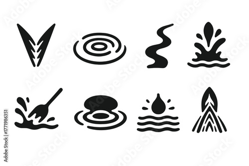 Water Pattern Icons. Solid style icons of water trail patterns: V-Shape Wake, Circular Ripple, Winding Stream, Forward Splash,