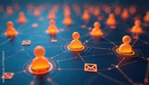Abstract network of glowing people icons connected by lines and mail symbols. Digital communication, business connections, social network, data sharing concept visualization.