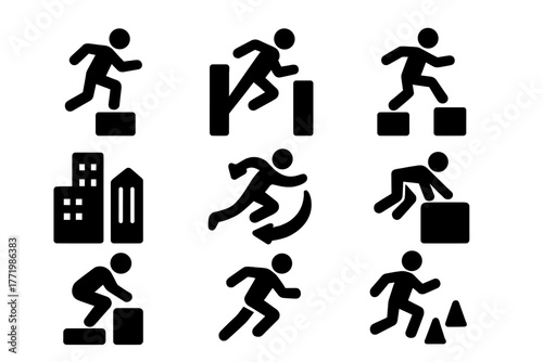 Urban Parkour Icons. Solid style icons of Athletic Urban Exploration: Parkour, Wall Run, Precision Jump, Urban Environment, Flow,