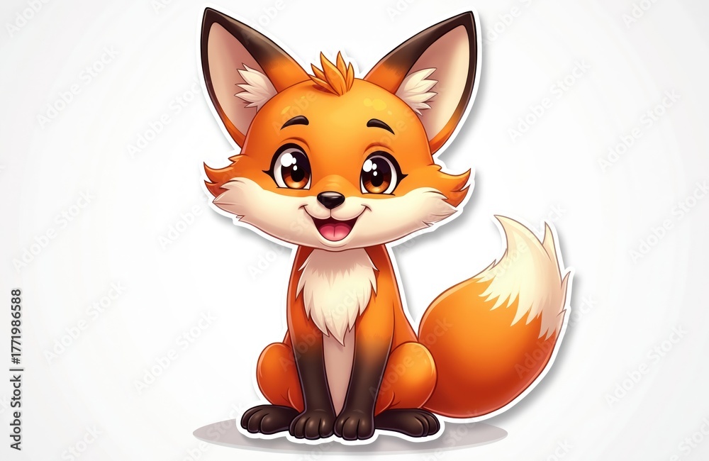 Fototapeta premium Cute cartoon fox sticker sitting on white background. Adorable orange animal with big eyes, bushy tail, and smiling mouth. Ideal for kids designs.