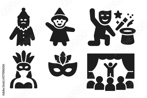 Cultural Festivities Icons. Solid style icons of Cultural Festivities: Mumming, Costume, Play, Disguise, Mask, Props, Stage,