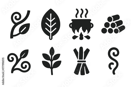 Plant Medicine Icons. Solid style icons of plant medicine representation: Ayahuasca Vine, Chacruna Leaf, Boiling Pot, Firewood