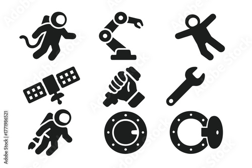 Spacewalk Icon Collection. Solid style icons of EVA and external movement: Spacewalk Tether, Robotic Arm, Gliding Astronaut,
