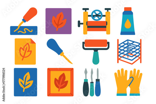 Printmaking Process Icons. Flat vector icons of Printmaking Process: etching, plate, press, ink, paper, burin, roller, drying rack
