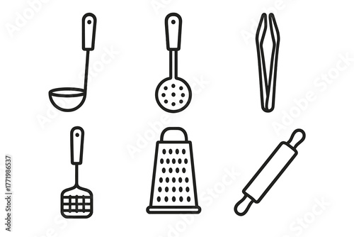 Cooking Utensil Icons. Line style icons of cooking utensils: ladle, slotted spoon, tongs, potato masher, grater, rolling pin. No