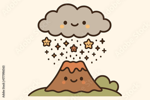 Joyful Volcano Sparkles. Sweet doodle vector illustration of an ash cloud raining tiny smiling sparkles and stars over a happy