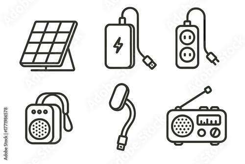 Glamping Tech Icons. Line style icons of Tech and Power for Glamping: solar panel, power bank, extension cord, portable speaker,