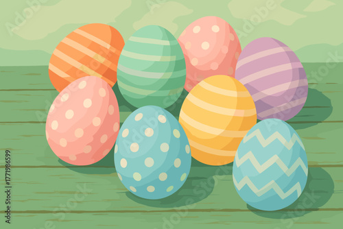 Colorful Easter Eggs. Line style icons of ichthyology tools: net, rod, dissecting knife, calipers; forceps, magnifier, scalpel,