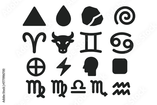 Zodiac Element Icons. Solid style icons of zodiac and elements: Fire Triangle, Water Drop, Earth Rock, Air Spiral, Element Wheel,