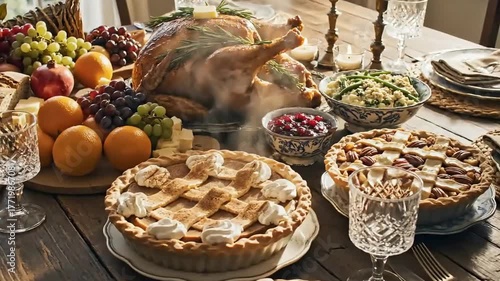 A steaming thanksgiving dinner table laden with food and festive decorations