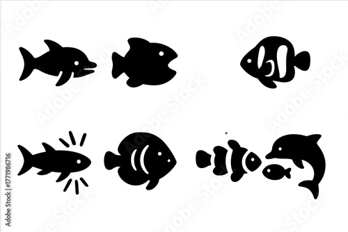 Marine Body Language Icons. Solid style icons of body language cues in marine life: Fin Flick, Mouth Open Signal, Body Tilt,