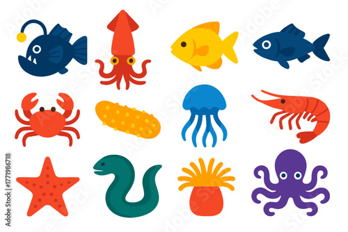 Vivid Ocean Icons. Flat vector icons of Ocean Creatures: anglerfish, giant squid, unknown fish, lanternfish, deep sea crab, sea