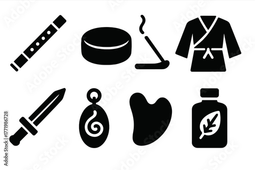 Qigong Tools Icons. Solid style icons of Qigong tools and accessories: Bamboo Flute, Meditation Cushion, Incense Stick, Practice