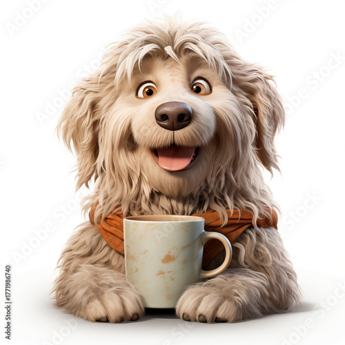 funny dog with a cup of coffee in his hand	
