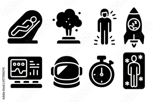 Futuristic Sleep Pod Icons. Solid style icons of Futuristic Sleep Chamber: Pod, Cryo-Gas, Future Awakening, Space Travel, Control