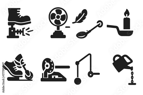 Complex Task Icons. Solid style icons of overly complex task solutions: Boot Kick Mechanism, Fan-Blown Feather, Candle-Lit Fuse,