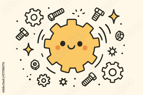 Happy Spinning Gear. Cute doodle vector artwork of a happy golden gear with a face, spinning among floating doodle cogs, bolts,