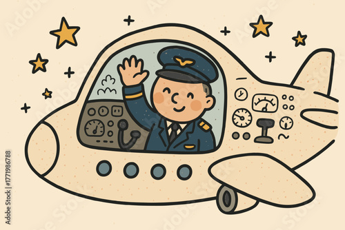 Captain in Starry Cockpit. Adorable cockpit with waving captain, tiny doodle instruments and stars around