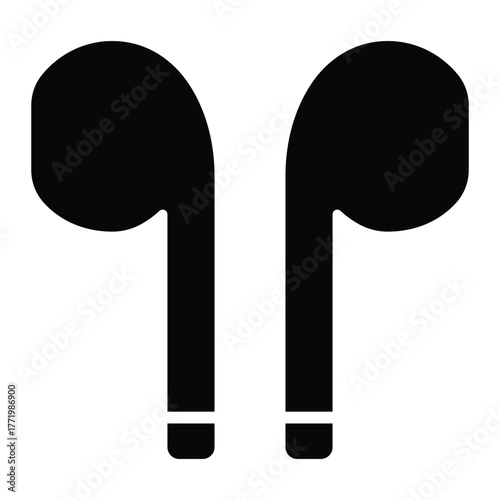 Earphones vector icon. Black silhouette of wireless earbuds in minimal flat design for music, podcast, or audio technology concept.