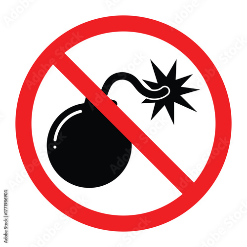 No bomb vector icon. Red prohibition sign with explosive symbol for safety warning, restricted area, or danger prevention design.