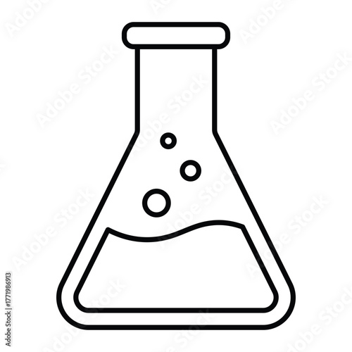 Laboratory flask with liquid and bubbles vector icon. Black outline chemistry beaker symbol for science, research, or education design.