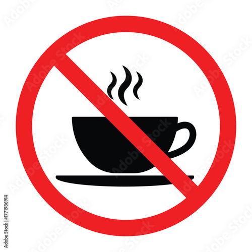 No coffee cup vector icon. Red prohibition sign with hot drink symbol for restricted beverage area, food policy, or safety warning design.