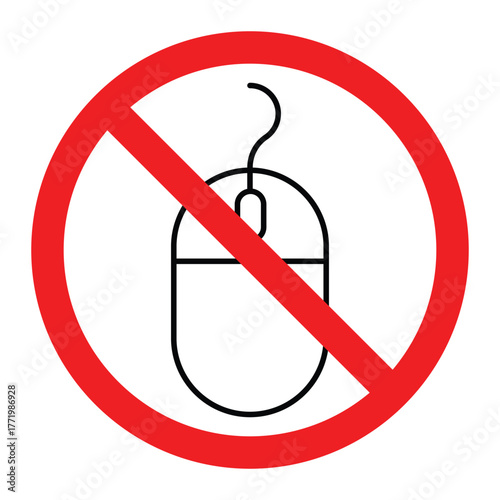 No computer mouse vector icon. Red prohibition sign with black mouse symbol for restricted device use, security, or access control design.