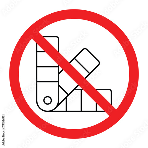 No pantone color palette vector icon. Red prohibition sign with swatch book symbol for restricted color use, design limit, or print control warning.