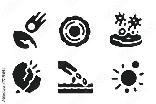 Space Impact Icons. Solid style icons of impact and delivery: Planetary Surface Impact, Crater with Core, Heat Shielded Capsule,
